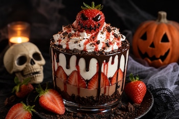 Vaso con postre de capas de fresa, chocolate y crema batida, rodeado de fresas, una calavera decorativa, una vela y una calabaza.