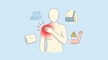 Ilustración de persona con hombro rojo indicando dolor. Iconos: hielo, almohada, brazo en cabestrillo, y brazo hinchado con señal de advertencia amarilla.