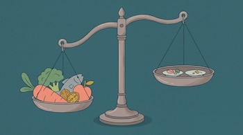 Una balanza con verduras, pescado, fruto seco y fruta en un plato, y dos platos pequeños con poca comida en el otro.