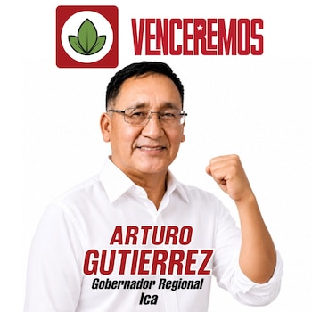 Retrato de José Arturo Gutiérrez Aures con camisa blanca y puño en alto, junto al logotipo y texto de la Alianza Electoral Venceremos