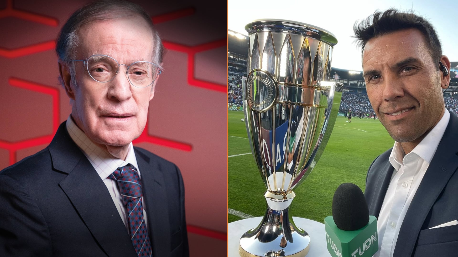 En una imagen dividida, José Ramón Fernández aparece a la izquierda y Damián Zamolginy a la derecha con un trofeo, en el contexto de su polémica sobre Raúl Jiménez en X. (Instagram)