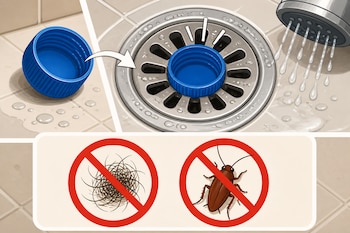 Una tapa azul de plástico junto a un desagüe con agua corriente y dos símbolos de prohibido sobre un montón de pelo y una cucaracha.
