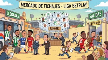 Cartel: Mercado de Fichajes - Liga Betplay. Futbolistas, directivos, periodistas. Movimientos y rumores con escudos de Deportivo Cali y Santa Fe.