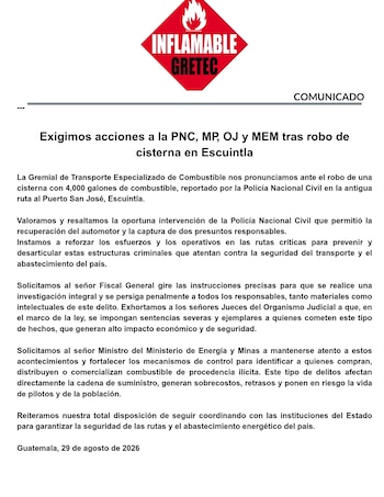 Documento impreso titulado comunicado, con un logotipo rojo en forma de rombo en la parte superior y párrafos de texto escrito
