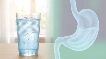 Un vaso de agua con hielo a la izquierda y la silueta translúcida de un estómago sobre fondo difuminado a la derecha.