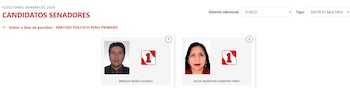 Página web de candidatos a senadores por Cusco en Elecciones 2026, con fotos de Enrique Núñez Álvarez y Vilda Valentina Condori Ferro