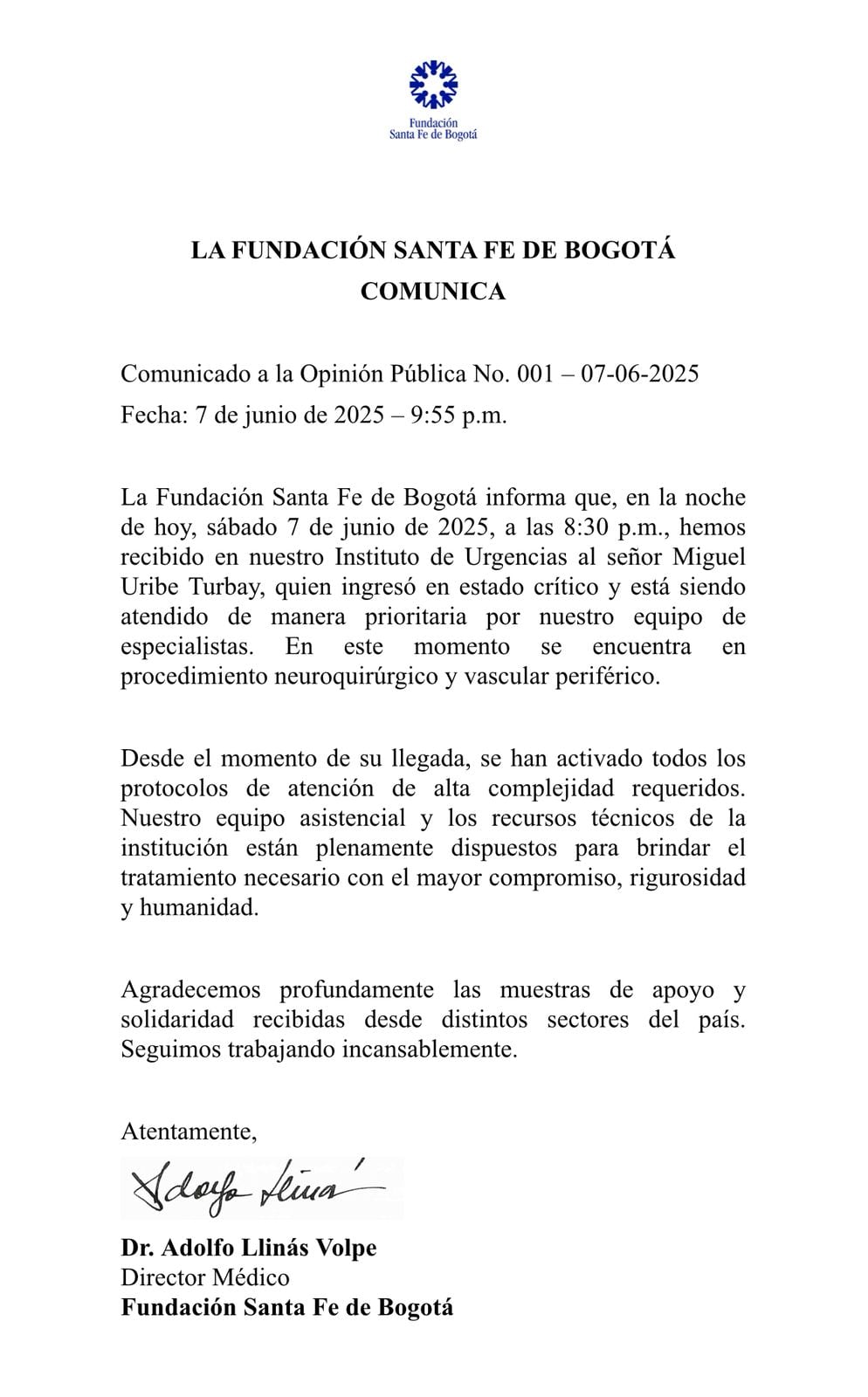 En la Fundación Santa Fe están haciendo lo posible por salvar la vida del senador Uribe - crédito Fundación Santa Fe
