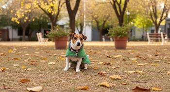 Un perro tipo Jack Russell con abrigo verde sentado en el césped de un parque con hojas secas y árboles de otoño en el fondo, bajo luz de tarde.