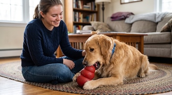 Una mujer sentada en el suelo observa a un perro golden retriever que sostiene y muerde un juguete rojo de goma sobre una alfombra.