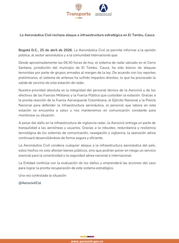 La Aeronáutica Civil detalló que el ataque dejó afectaciones en las antenas - crédito Aeronáutica Civil de Colombia