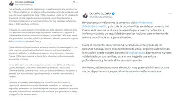 El gobernador Octavio Guzmán advirtió que el Cauca atraviesa una escalada terrorista que exige respuestas inmediatas - crédito @OctavioGuzmanGu/X
