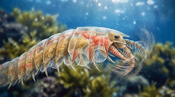 Ilustración de Urokodia, artrópodo marino prehistórico, con caparazón translúcido y apéndices. Fondo de algas y rocas en azul océano y verde oliva.