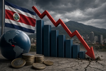 Una bandera de Costa Rica, un globo terráqueo, monedas apiladas y un gráfico de barras azules con una flecha roja descendente.