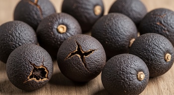 Varios limones negros secos con cáscara rugosa y de forma redonda reposan sobre una superficie de madera. Algunos limones muestran grietas.
