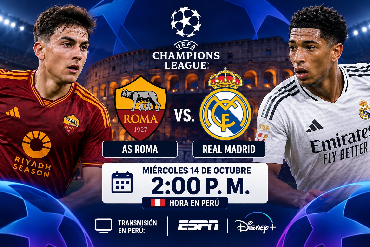 Paulo Dybala y Jude Bellingham promocionan el partido entre el AS Roma y el Real Madrid por la Liga de Campeones que se emitirá en Perú a las 2:00 p. m. por ESPN y Disney+.