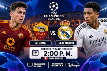 Gráfico promocional de fútbol con Paulo Dybala, Jude Bellingham, escudos de AS Roma y Real Madrid, y texto con el horario para Perú