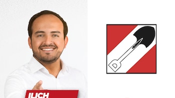Retrato de Ilich Pumacayo junto al logotipo del partido político Acción Popular, que presenta una pala negra sobre fondo rojo y blanco