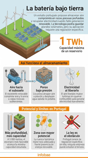 Infografía con diagramas de aerogeneradores, paneles solares, tuberías hacia el subsuelo rocoso, símbolos explicativos y un mapa de Portugal.