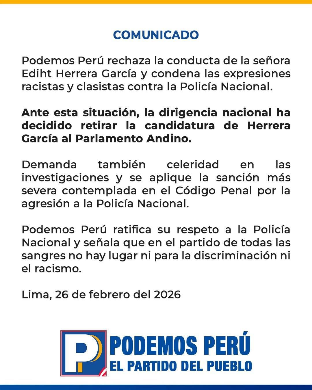 Podemos Perú retira candidatura de Edith Herrera García al Parlamento Andino tras incidente en comisaría. (Foto: X/Podemos Perú)