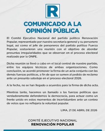 Renovación Popular y Fuerza Popular buscan sumar partidos a reclamo por supuesto sabotaje de las elecciones. (Foto: Renovación Popular)