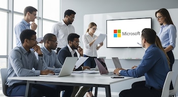 Ocho profesionales en una sala de reuniones moderna con paredes de cristal y laptops. Una pantalla grande al fondo muestra el logo de Microsoft con sus cuatro cuadrados de color.