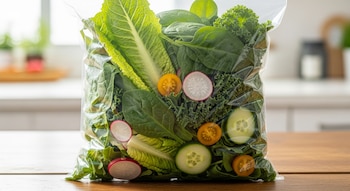 Una bolsa transparente de plástico contiene una ensalada variada: lechuga, espinaca, kale, rodajas de pepino y rábano, y tomates cherry, sobre una mesa de madera.
