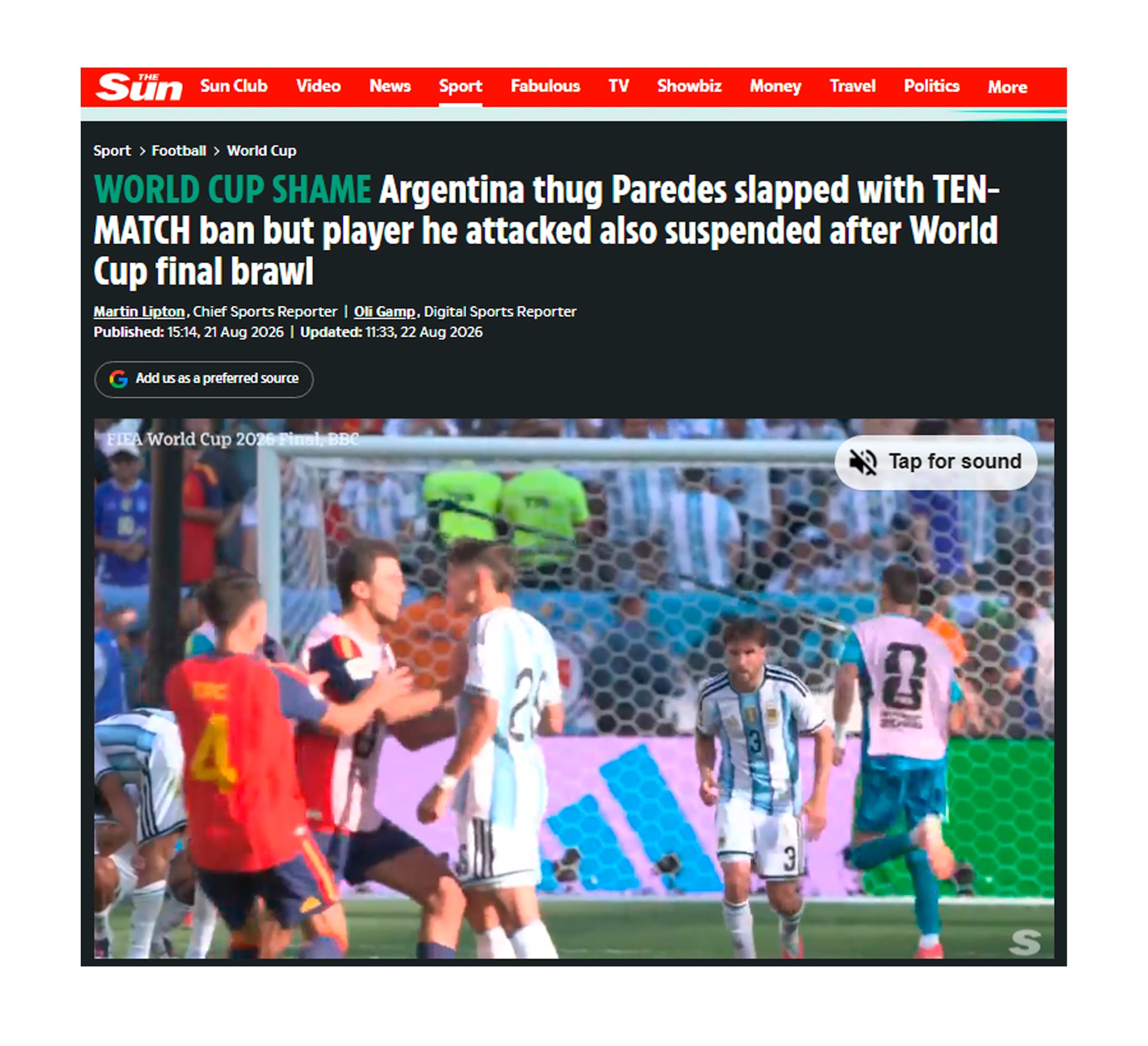 Una publicación del diario británico The Sun informa sobre la suspensión de diez partidos a Leandro Paredes por una disputa en la final del Mundial.