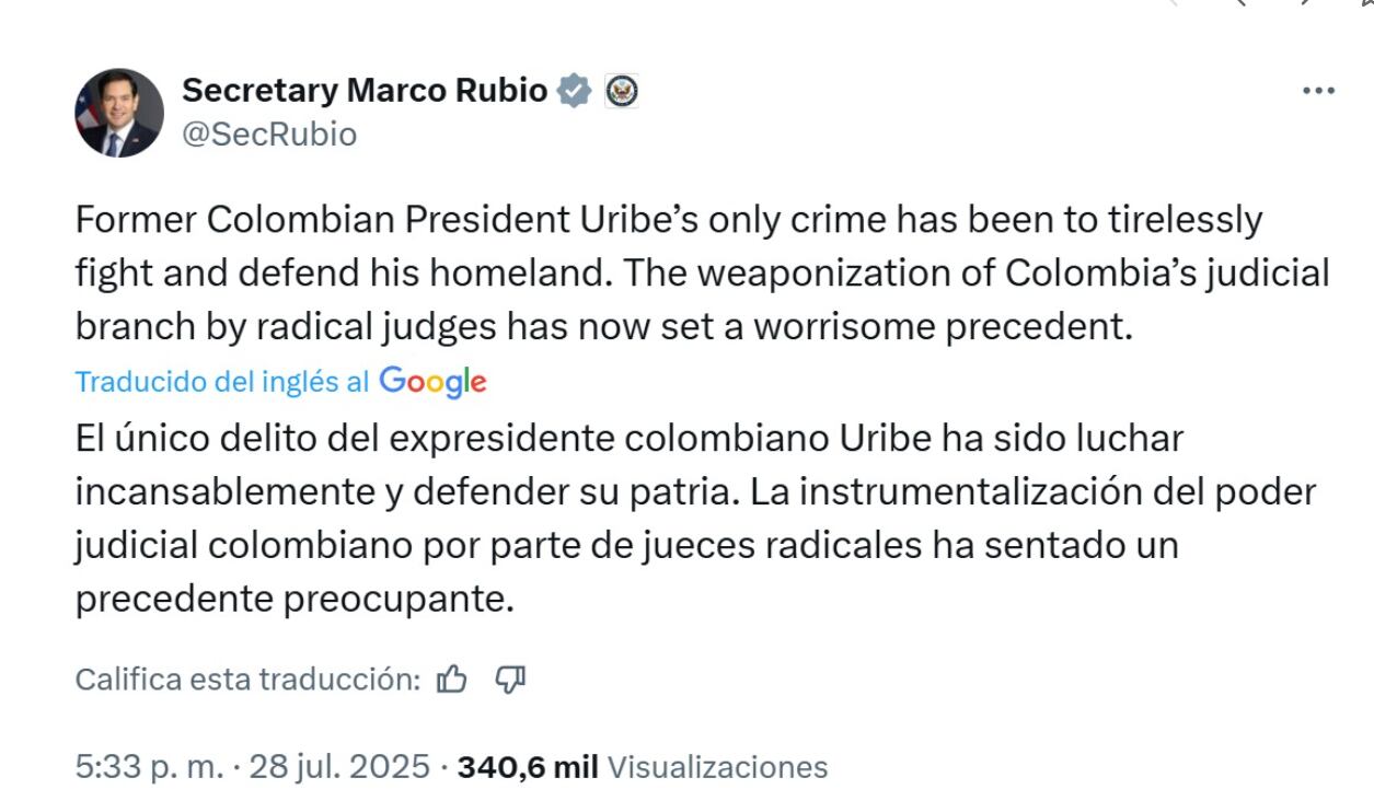 Marco Rubio señaló que los delitos por los que es señalado el expresidente Álvaro Uribe no era nada racional - crédito @SecRubio/X