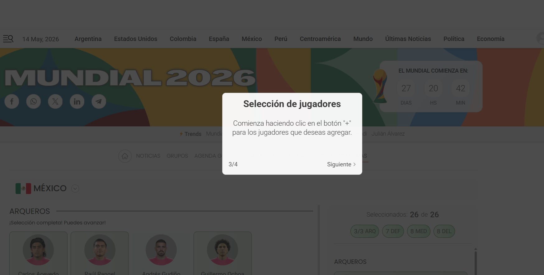 La interfaz web del juego de Infobae permite a los usuarios seleccionar sus jugadores favoritos para el Mundial 2026, con un contador regresivo visible para el inicio del torneo. (Infobae México)