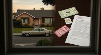 Fachada de casa, auto antiguo estacionado en la calle, billetes de lotería y documento de donación de Stanford Medicine sobre mesa, en un encuadre de ventana.