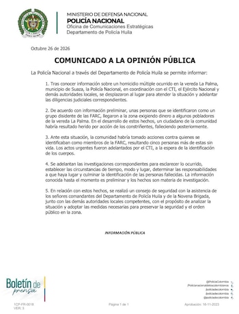 El reporte oficial de las autoridades se conoció el lunes 26 de octubre de 2026 - crédito Policía Nacional