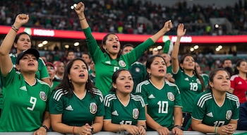 Varias mujeres mexicanas con camisetas verdes de la selección de fútbol alientan en un estadio, algunas con brazos levantados y expresiones emocionadas.