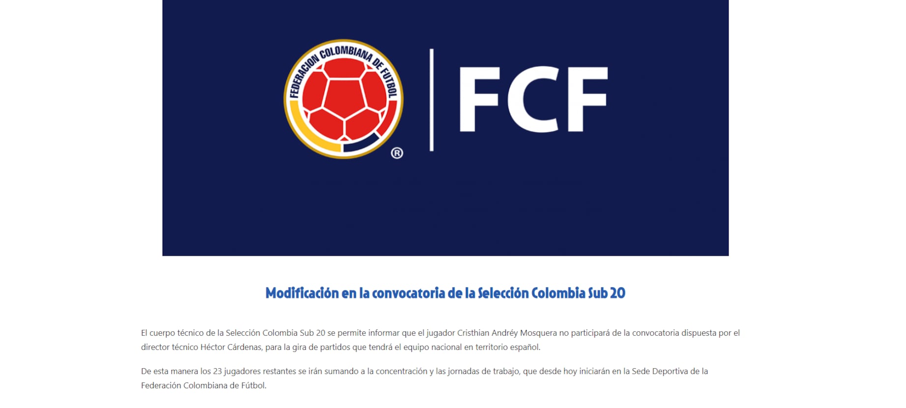Comunicado de la Federación Colombiana de Fútbol sobre Cristhian Mosquera - crédito FCF
