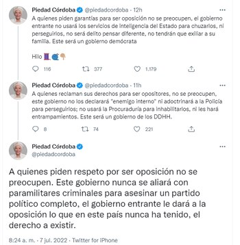 A través de Twitter, la senadora electa Piedad Córdoba habló sobre las garantías para la oposición que habrá en el gobierno del presidente Gustavo Petro.
FOTO: vía Twitter (@piedadcordoba)