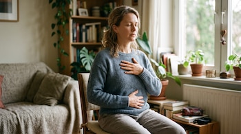 Mujer sentada con los ojos cerrados y las manos sobre el pecho y el abdomen en una habitación con plantas y estantes de libros.