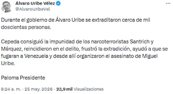 Álvaro Uribe destacó extradiciones bajo su gobierno y señaló a Iván Cepeda por impunidad de Santrich y Márquez - crédito @AlvaroUribeVel/X