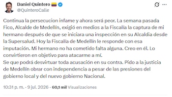 Daniel Quintero considera que la investigación contra su hermano hace parte de un ataque en su contra - crédito @QuinteroCalle/X