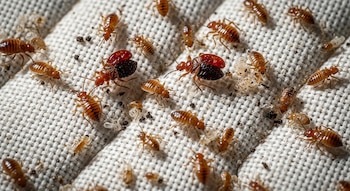 Múltiples chinches de cama de color marrón rojizo, de varios tamaños, y sus mudas translúcidas sobre una superficie de tela blanca acolchada.