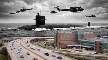 Submarino y helicópteros militares en blanco y negro sobre un hospital y una autopista con automóviles en color.