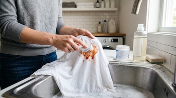 Manos con un cepillo pequeño sobre una mancha roja en una camiseta blanca junto al fregadero de acero inoxidable.