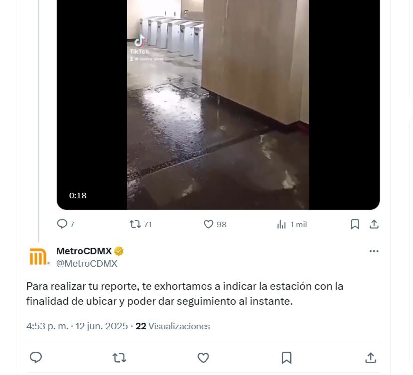 Esto dijo el STC Metro de la supuesta filtración de lluvia en la Línea 1 (X/ @MetroCDMX)