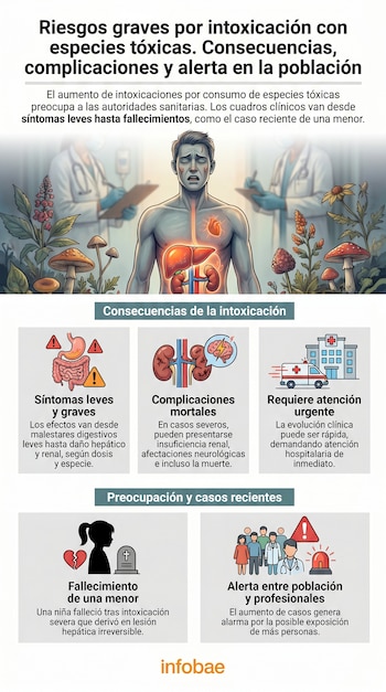 Infografía sobre intoxicación por especies tóxicas, mostrando a un hombre afectado, médicos, plantas, hongos, y pictogramas de órganos, hospital y el fallecimiento de una menor.