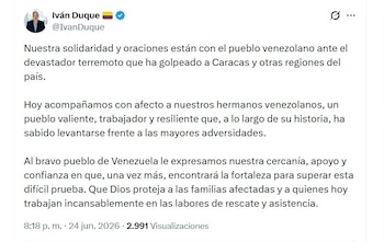 Iván Duque envió un mensaje de respaldo y confianza en la capacidad de recuperación del pueblo venezolano - crédito @IvanDuque/X