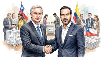 Ilustración en acuarela de Abelardo de la Espriella y José Antonio Kast dándose la mano. Al fondo, personas votando, urnas y banderas de Colombia y Chile.