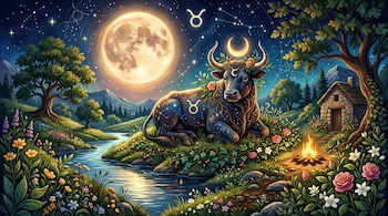 Un toro acostado en un campo con flores junto a un río, bajo la luna llena, cerca de una fogata encendida y una cabaña de piedra.