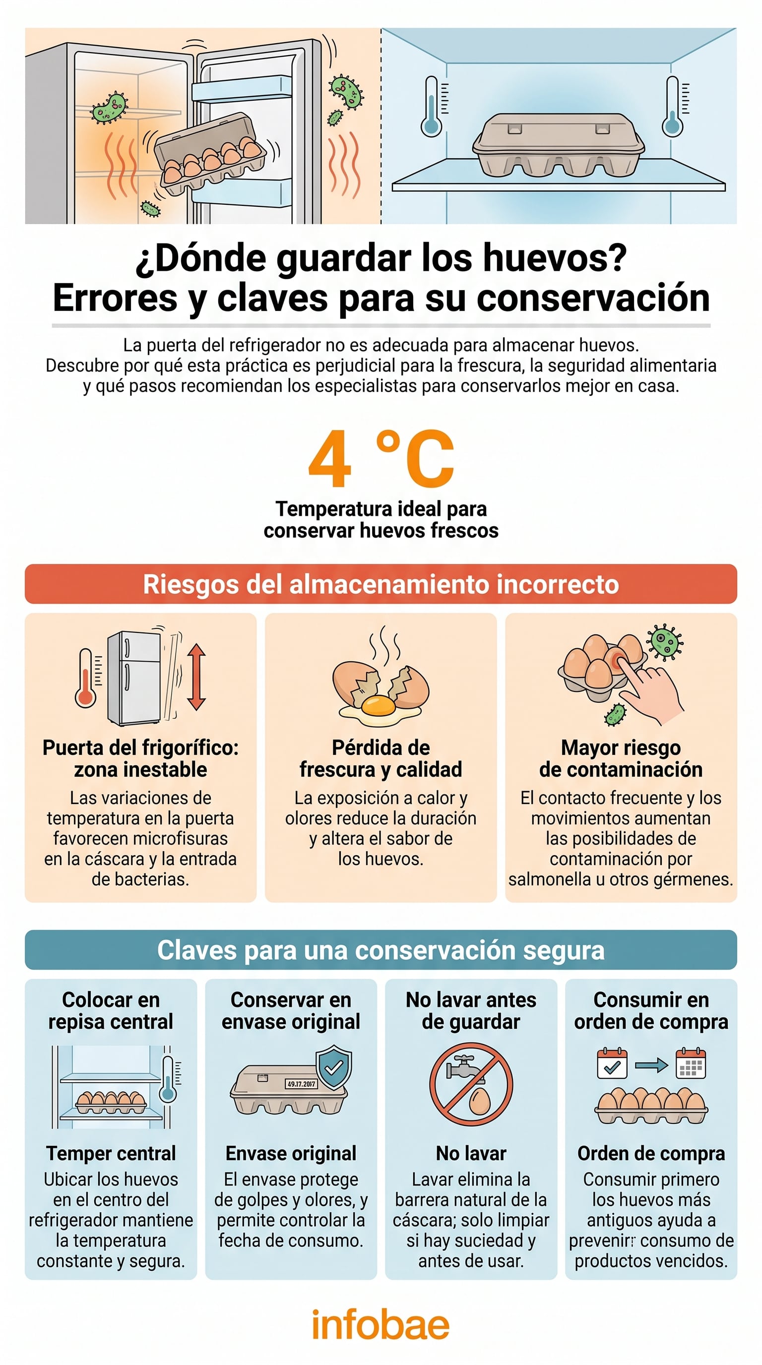 La conservación segura de los huevos requiere una temperatura constante cercana a los 4 °C y evitar periodos prolongados a temperatura ambiente - (Imagen Ilustrativa Infobae)