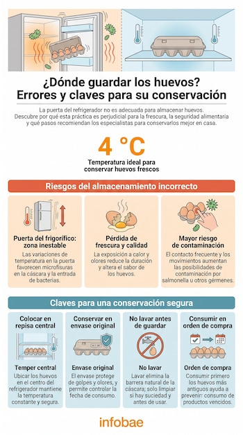 Infografía con ilustraciones de refrigeradores, huevos en cartones, termómetros, bacterias, un huevo roto, un grifo con señal de prohibido y texto explicativo.