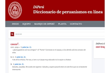 Captura de pantalla de la página web del Diccionario de peruanismos en línea con el texto de la entrada para la palabra causa
