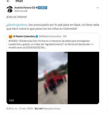 Andrés Forero reacciona a video de entrega de kits escolares por parte de disidencias de las Farc - crédito @AForeroM