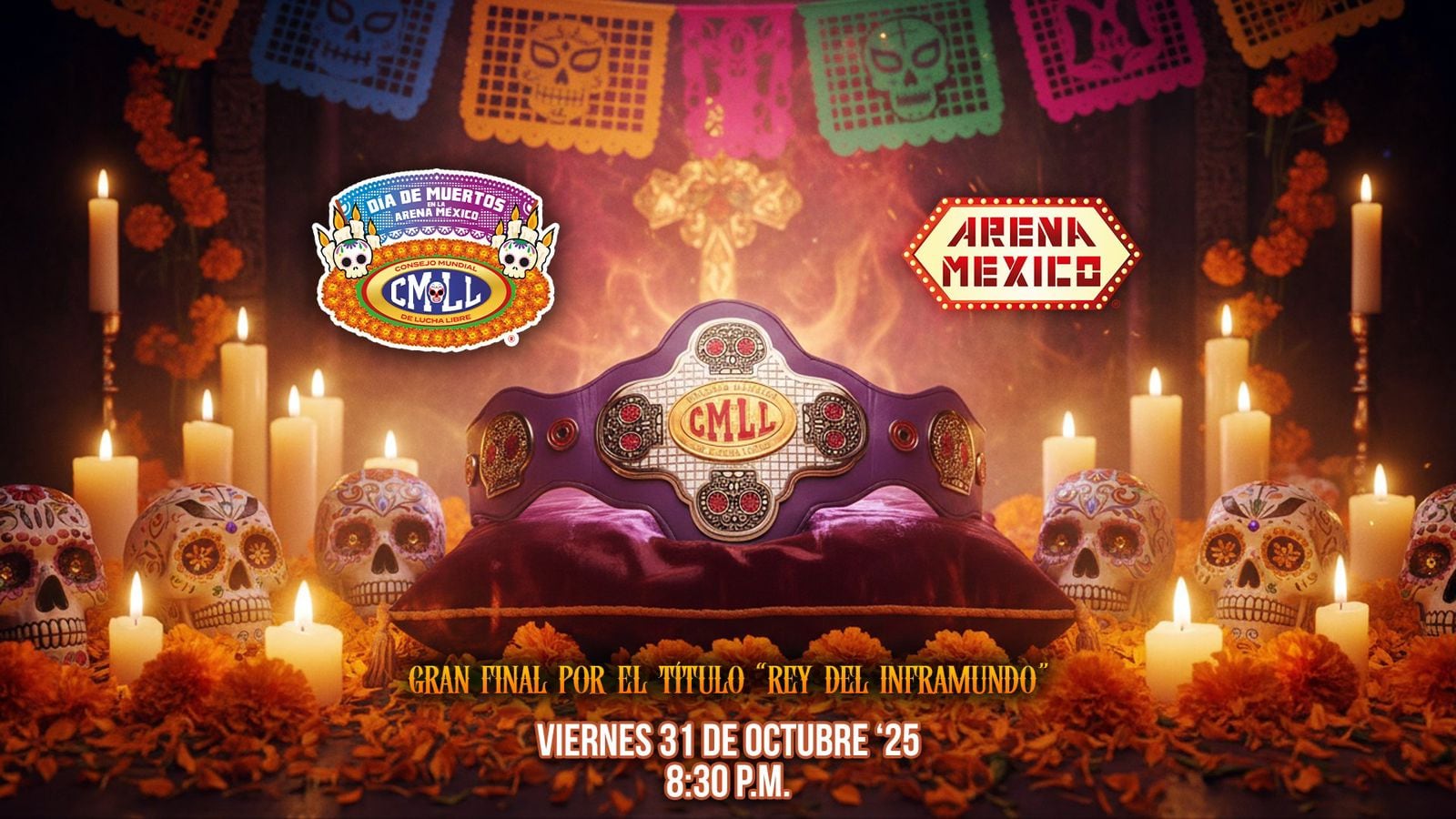 *El viernes 31 de octubre de 2025 en la Arena México se disputará la final del campeonato “Rey del Inframundo”, en la que el vigente monarca El Difunto defenderá su título ante tres retadores surgidos de las eliminatorias en Puebla, Guadalajara y la Ciudad de México.